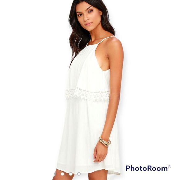 Lulu’s Flamenco Fling Ivory Lace Flirty spaghetti straps mini Dress - Picture 1 of 8